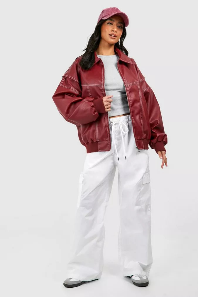 Ziadora Cherry Red Leather Bomber Jacket