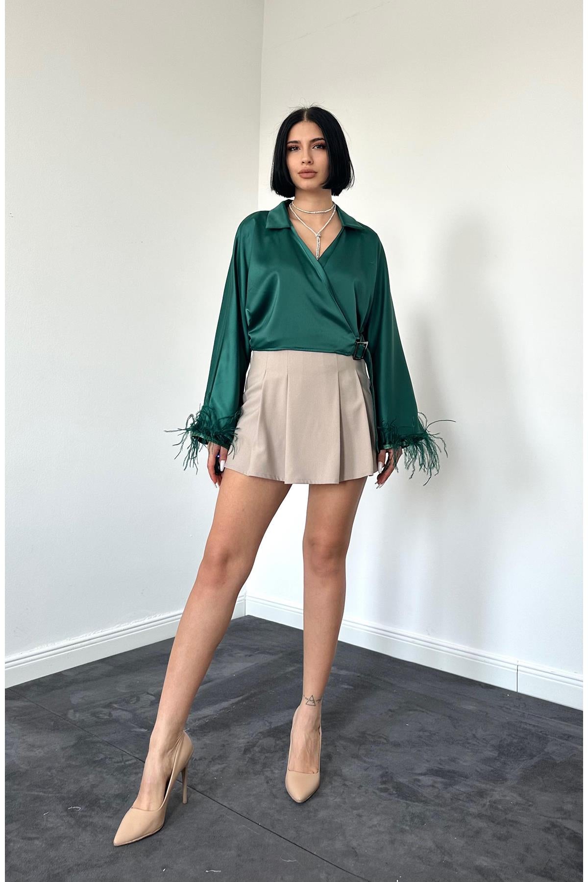 Satin Crop With Feather Sleeves - Emerald