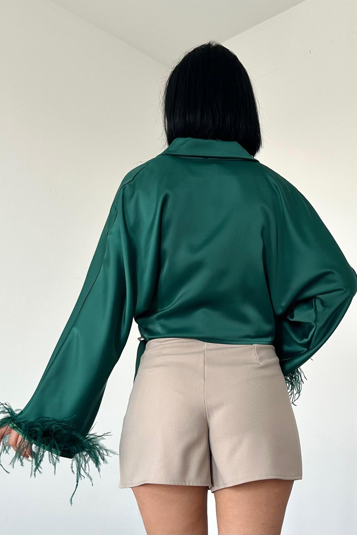 Satin Crop With Feather Sleeves - Emerald