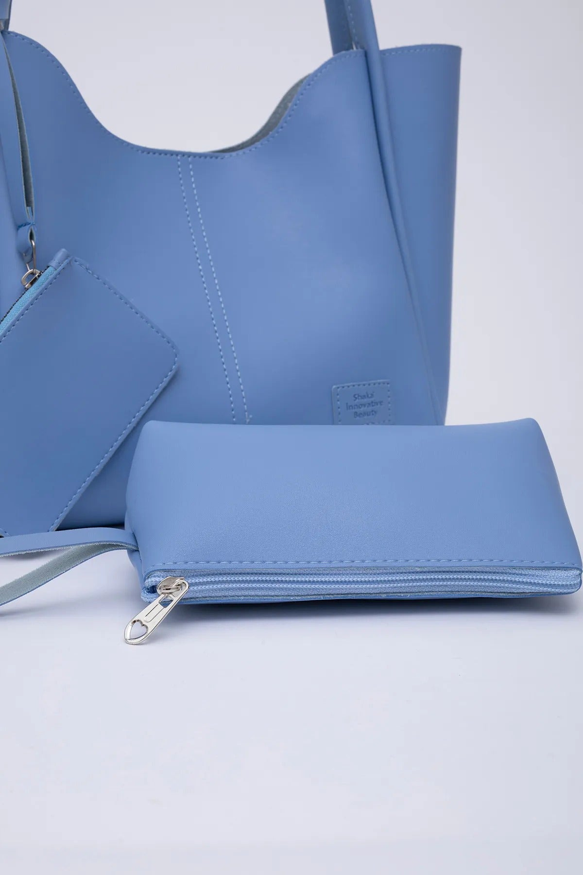 Women's Hand And Shoulder Bag With Snap Fastener Faux Leather Wallet And Makeup Bag