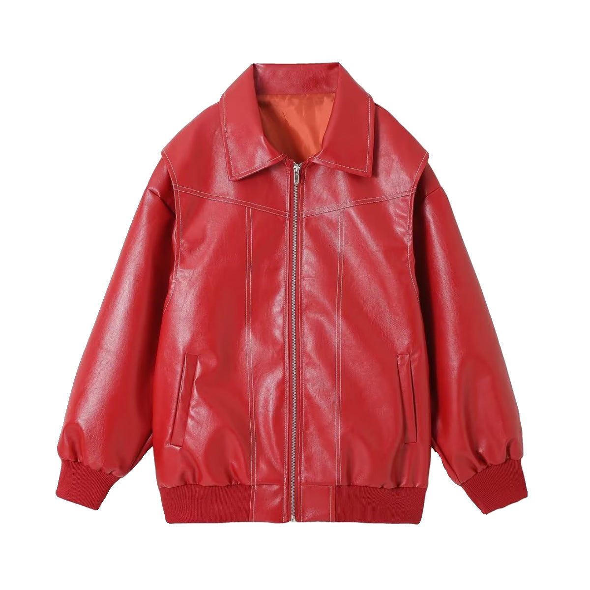 Ziadora Cherry Red Leather Bomber Jacket