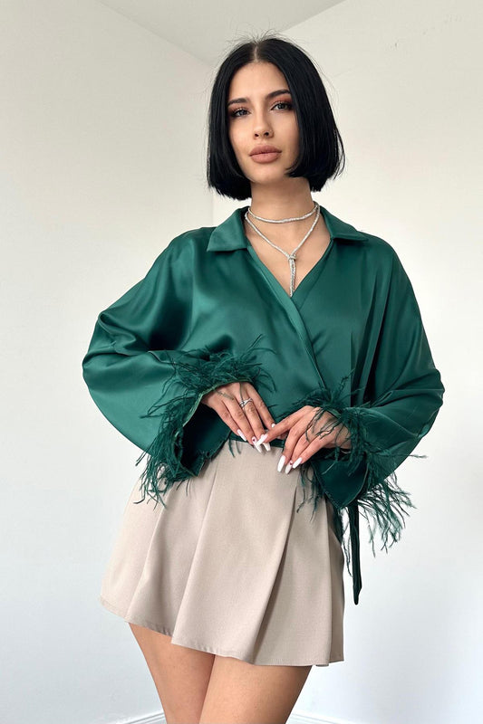 Satin Crop With Feather Sleeves - Emerald