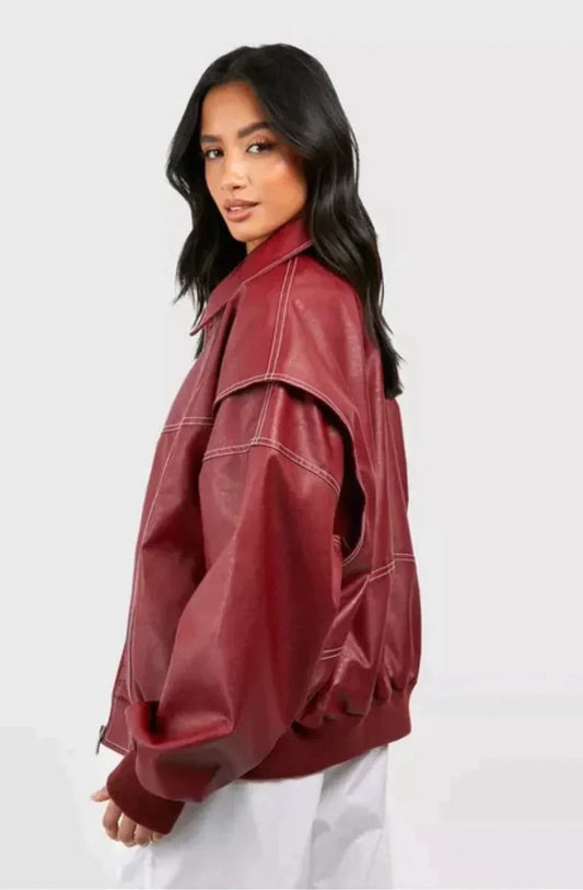 Ziadora Cherry Red Leather Bomber Jacket