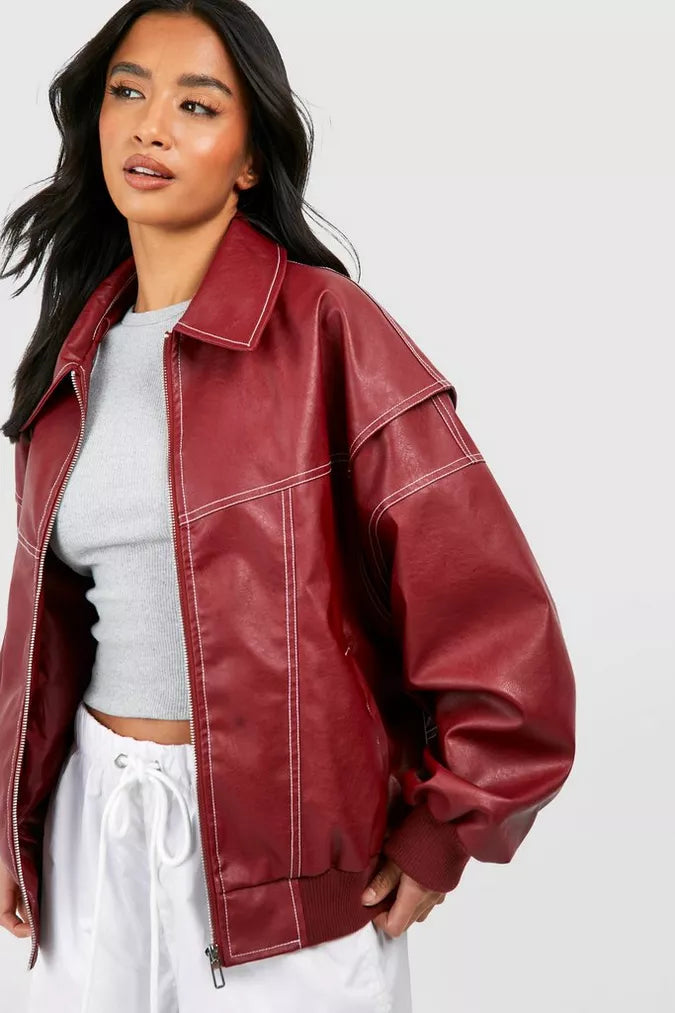 Ziadora Cherry Red Leather Bomber Jacket